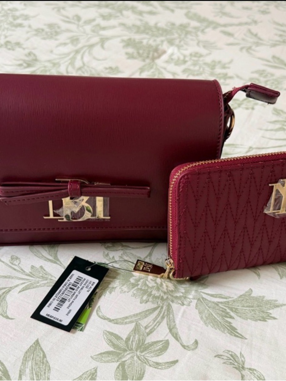 Badgley Mischka Burgundy Crossbody with Quilted Zip Wallet/Wristlet